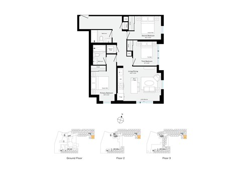 Floor plan for 3 beds, 2 baths, 962 sqft